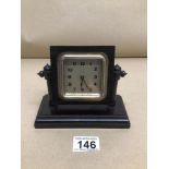 A VINTAGE WOODEN EBONISED 24 HOUR ALARM CLOCK WORKING ORDER