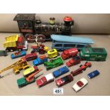 MIXED PLAY WORN DIE-CAST TOYS, MATCHBOX, TRIANG, DINKY, AND MORE ALSO TINPLATE CLOCKWORK TRAIN