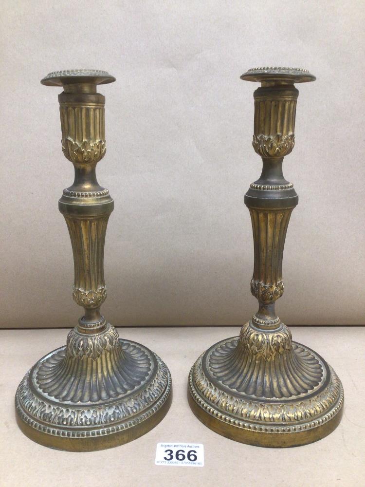 A PAIR OF BRONZE GILT LATE 19TH CENTURY CANDLESTICKS 30CM