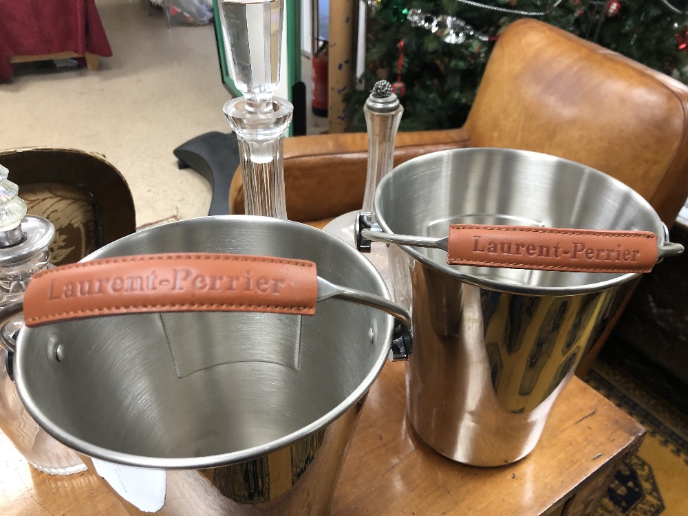 TWO CHROME LAURENT-PERRIER CHAMPAGNE BUCKETS WITH THREE GLASS DECANTERS - Image 3 of 5