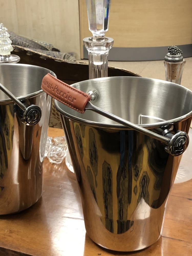 TWO CHROME LAURENT-PERRIER CHAMPAGNE BUCKETS WITH THREE GLASS DECANTERS - Image 5 of 5