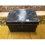 A BLACK METAL VICTORIAN STRONG BOX 46 X 33 X 29CM