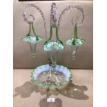 AN OPAQUE GLASS EPERGNE WITH THREE SWINGING BASKETS 46CM HIGH