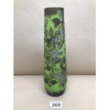 A GALLE STYLED CAMEO GLASS VASE GREEN BACKGROUND WITH FLOWERS SIGNED GALLE 28CM