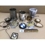 MIXED COLLECTIBLE OF ITEMS, AA AND BMW BADGES, MAPPIN AND WEBB, TANKARD AND A VINTAGE WESTCLOX