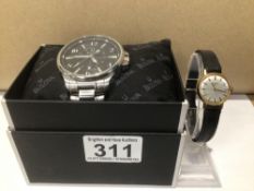 A GENTS BULOVA ADVENTURER STAINLESS STEEL WATCH (BOXED) WITH A LADIES VINTAGE ROTARY WATCH