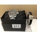 A GENTS BULOVA ADVENTURER STAINLESS STEEL WATCH (BOXED) WITH A LADIES VINTAGE ROTARY WATCH