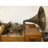 A VINTAGE HIS MASTERS VOICE REPRODUCTION GRAMOPHONE WITH RECORDS