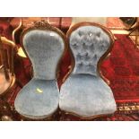 TWO VINTAGE BLUE VELOUR SPOON BACK CHAIRS