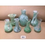 A QUANTITY OF CAITHNESS GREEN AND WHITE STREAKED GLASS VASES HANDMADE IN SCOTLAND WITH ONE OTHER