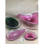 KOSTA PINK GLASS TEAR SHAPED DISH SIGNED 27CM WITH THREE OTHER ART GLASS DISHES