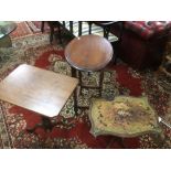 TWO REGENCY TILT TOP OCCASIONAL TABLES WITH TRIPOD LEGS AND AN OAK BARLEY TWIST TABLE