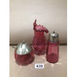 THREE PIECES OF CRANBERRY GLASS
