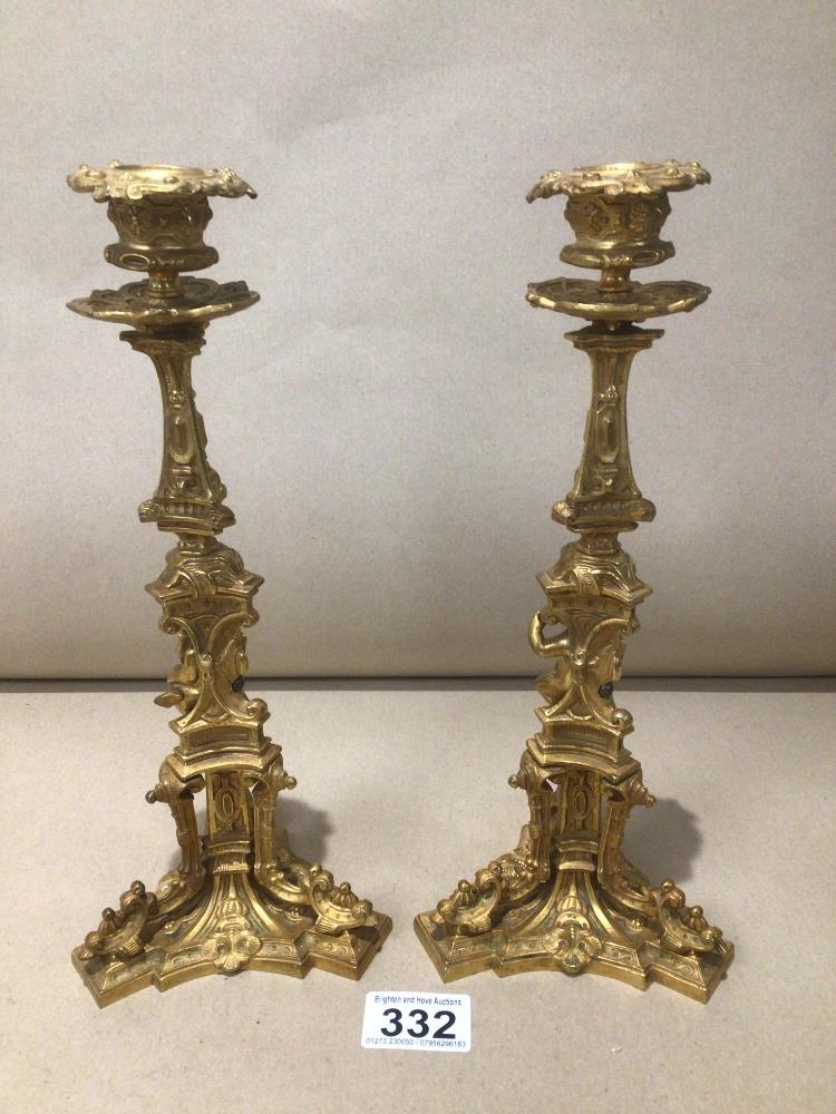 A PAIR OF 19TH CENTURY GILT BRONZE ORNATE CANDLESTICKS 28CM