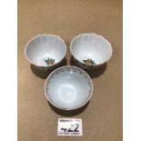 THREE CHINESE PORCELAIN TEA BOWLS TWO WITH SCALLOPED EDGES