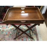 A VINTAGE MAHOGANY BUTLERS TRAY WITH HARRODS LABELS