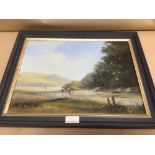 A FRAMED OIL ON CANVAS BY TED DYER (TWO CHILDREN BY A LAKE SCENE)