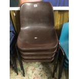 FOUR BROWN PLASTIC STACKABLE SCHOOL CHAIRS