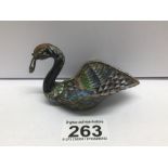 A CLOISONNE FORM OF A SWAN CATCHING A FISH 10CM