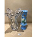 TWO LARGE GLASS VASES ONE HANDPAINTED ON BLUE GLASS THE OTHER A/F LARGEST 32CM