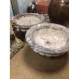 A PAIR OF CONCRETE PLANTERS ON PEDESTAL BASE 49CM DIAMETER 28CM HIGH