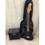 A CASED ENCORE BLACK ELECTRIC GUITAR WITH A PEVEY AMP