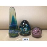 THREE MDINA GLASS PAPERWEIGHTS LARGEST 19CM