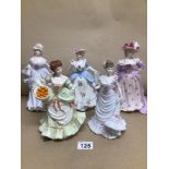 FIVE COALPORT FIGURINES FEMMES FATALES, MRS FITZHERBERT, AND NELL GWYNN AND LILLIE LANGTRY, WITH