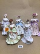 FIVE COALPORT FIGURINES FEMMES FATALES, MRS FITZHERBERT, AND NELL GWYNN AND LILLIE LANGTRY, WITH
