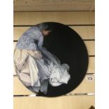 AN UNFRAMED OIL ON BOARD BY OLGA BROWN TITLED "FLOWING AROUND" 40CM DIAMETER