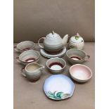 NINE PIECE PART ART DECO TEA SET BY SUSIE COOPER PRODUCTION WITH TWO PIECES OF CLARICE CLIFF