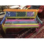 A VINTAGE PAINTED TEAK BENCH 146CM LONG