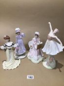 FOUR VINTAGE PORCELAIN FIGURINES, TWO COALPORT "ALEXANDRA AT THE BALL" AND "DAME ANTOINETTE