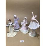 FOUR VINTAGE PORCELAIN FIGURINES, TWO COALPORT "ALEXANDRA AT THE BALL" AND "DAME ANTOINETTE