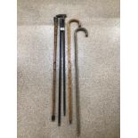 FIVE EARLY WALKING CANES/STICKS THREE WITH SILVER COROMANDEL, CANE, HORN
