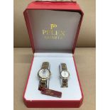 A PRESENTATION BOX PELEX QUARTZ GENTS AND LADIES STEEL WATCH