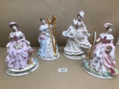 FOUR ROYAL WORCESTER FIGURINES BY MAUREEN HALSON, EMBROIDERY, MUSIC FOLLOW THE SUN AND PAINTING