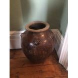 A LARGE BROWN SALT GLAZED GARDEN POT 58 X 40CM