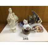 THREE PIECES OF ROYAL CROWN DERBY WITH CUT GLASS EWER AND HERREND POTTERY AND MORE