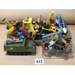 MIXED PLAY WORN DIE-CAST TOYS, DINKY, MATCHBOX, AND MORE WITH CRESCENT TOY SOLDIERS