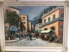 A FRAMED CONTINENTAL STREET SCENE SIGNED A.LATINI 101 X 80CM