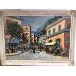 A FRAMED CONTINENTAL STREET SCENE SIGNED A.LATINI 101 X 80CM