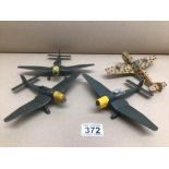 FOUR VINTAGE METAL DINKY TOY AIRPLANES, JUNKERS, JU87B X3 (721) MESSERSCHMITT BF109E