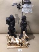 A BRONZED EFFECT LIGHT AND FIGURE WITH A RESIN CHARIOT AND ROMAN SOLDIER
