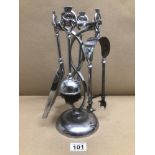 A VINTAGE CHROME FIRESIDE COMPANION SET DECORATED WITH THISTLES TO THE TOPS