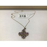 A 14CT GOLD JERUSALEM CROSS SET WITH FIVE PINK TOPAZ STONES WITH A 9CT GOLD CHAIN TOTAL WEIGHT 7