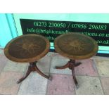A PAIR OF REPRODUCTION ROUNDTABLES MAHOGANY WITH BURR WALNUT INLAY ON A FLUTED CENTRE COLUMN WITH