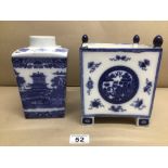 TWO PIECES OF BLUE AND WHITE CHINA, TEA CADDY AND MARKED RINGTONS LTD TEA MERCHANTS AND SQUARE VASE
