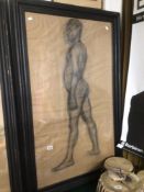 A FRAMED AND GLAZED CHALK PAINTING OF A NUDE FIGURE