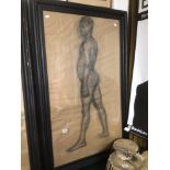 A FRAMED AND GLAZED CHALK PAINTING OF A NUDE FIGURE